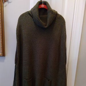 New Dennis Basso Rib Stitch Sweater Poncho with Side Zippers Olive Sz Large